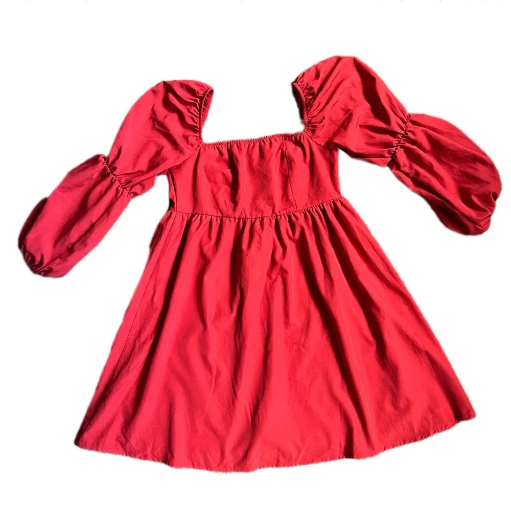 Exlura Square Neck Puff Long Sleeve Red Mini Dress Size Medium A-Line - Picture 2 of 11